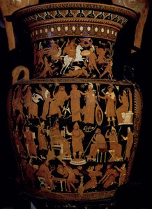 Crátera de volutas de figuras rojas apulianas decorada con escenas de un rey persa y sus consejeros escuchando a un mensajero, una personificación de Grecia y Asia ante Zeus y los súbditos del emperador de Darius Painter